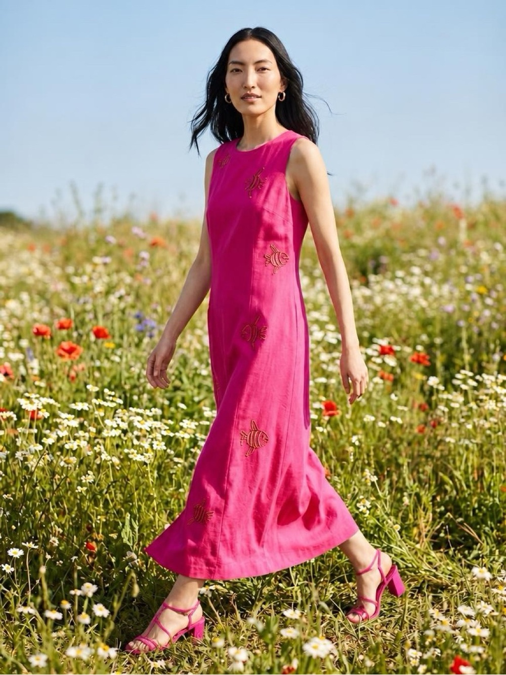 Talbots Vibrant Pink Maxi Dress with embroidered sunfish detail